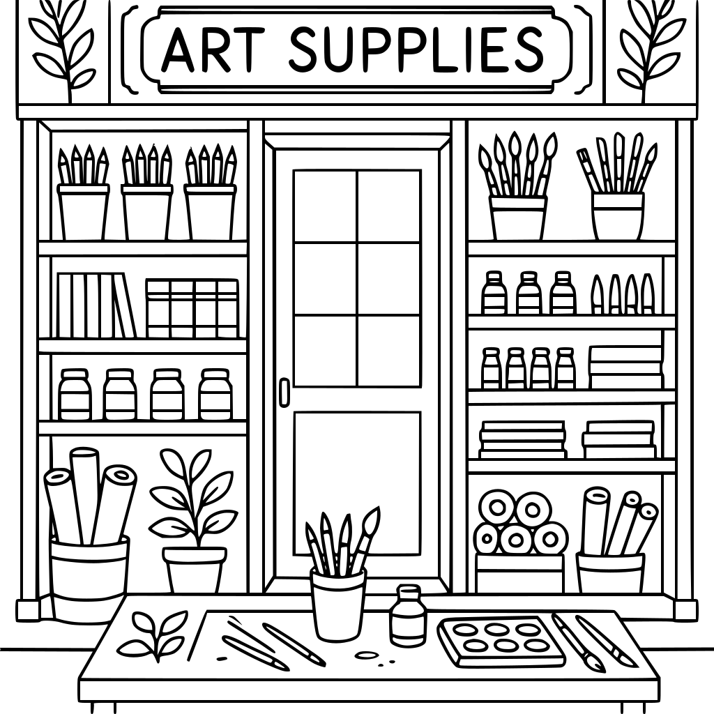 A charming traditional art supply shop with shelves filled with pencils, brushes