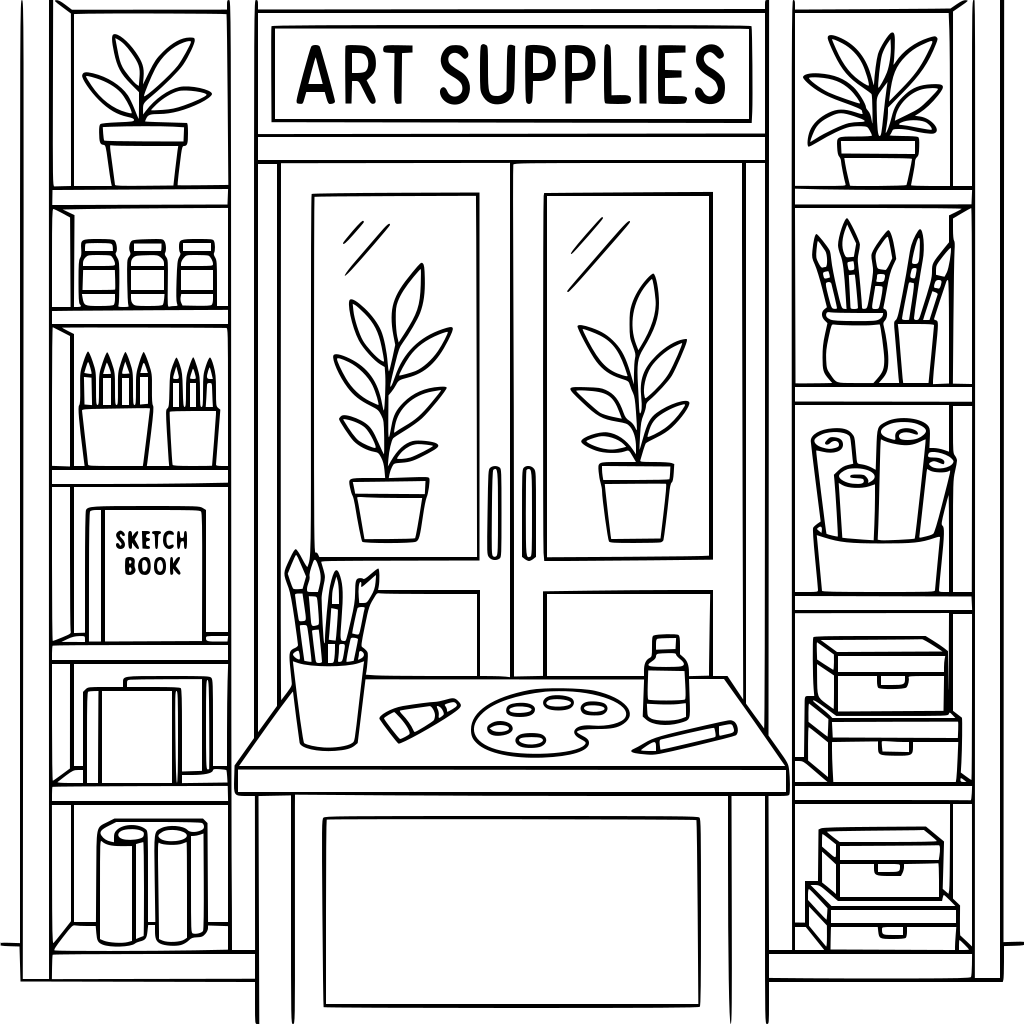 A charming traditional art supply shop with shelves filled with pencils, brushes