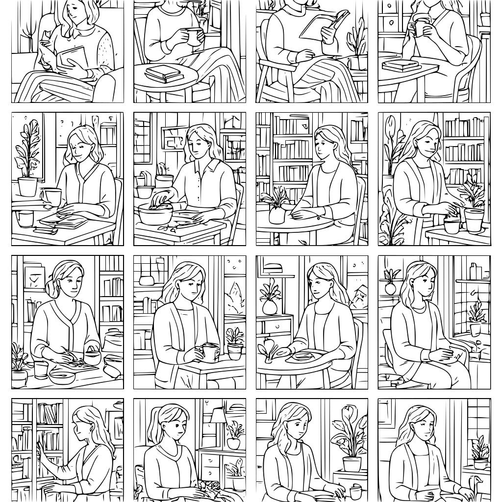 Create a complete premium adult coloring book for Etsy. BOOK TITLE: COZY HOMEBOD