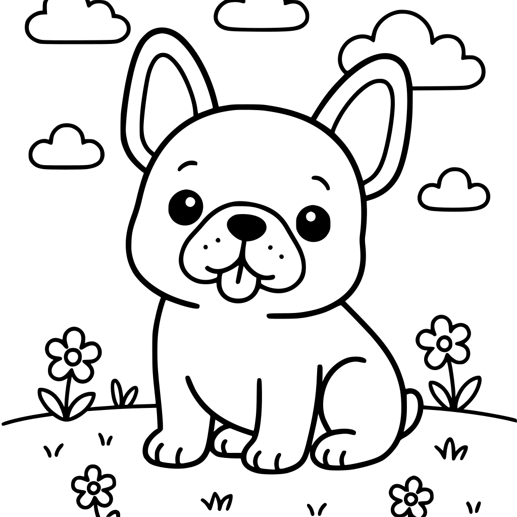 Create a 50-page kawaii French Bulldog coloring book for children ages 4–8. Use 