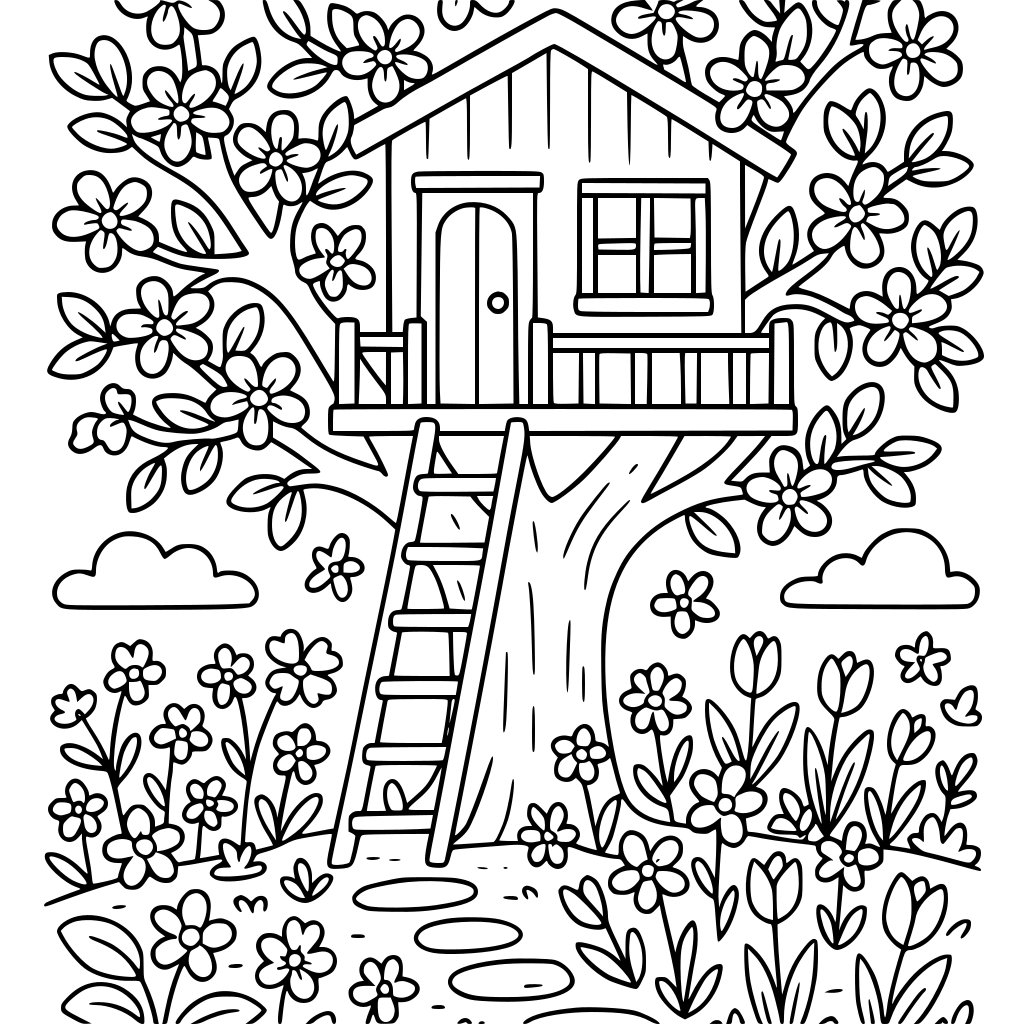 A cozy treehouse in a spring garden, printable coloring page, clean black outlin