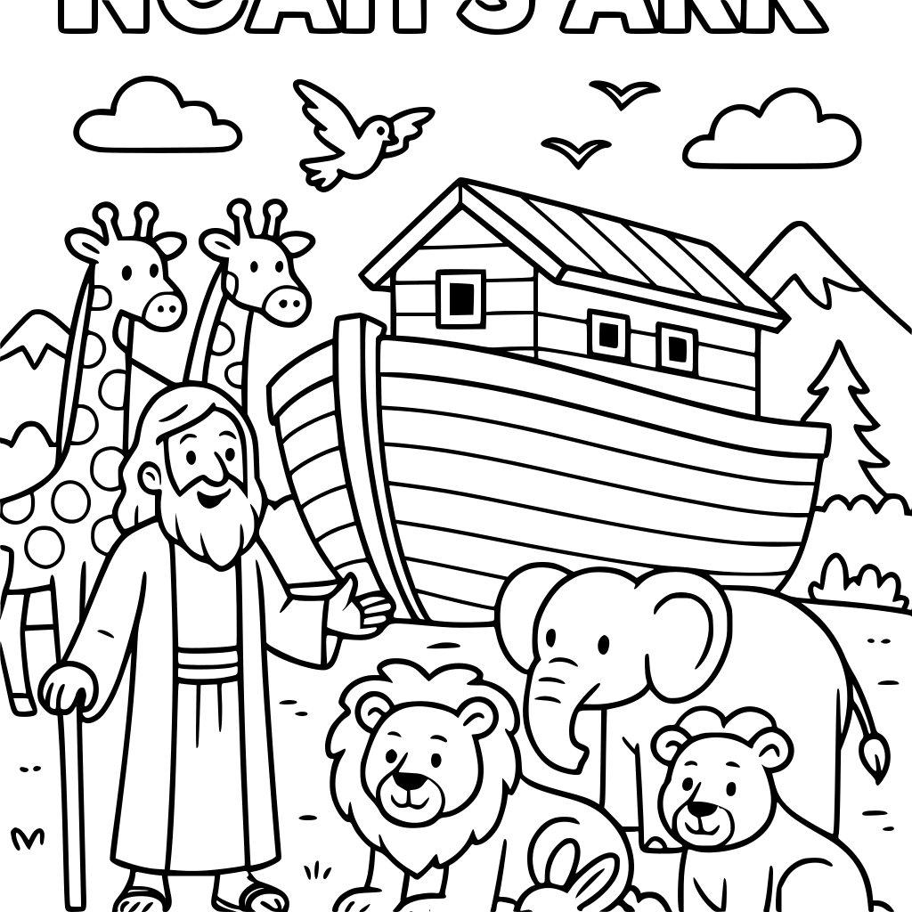 Black-and-white children's coloring book cover showing Noah standing beside a la
