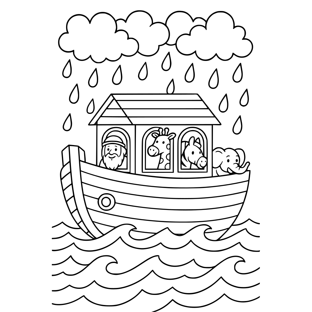 Black-and-white children's coloring book illustration of Noah's ark floating as 
