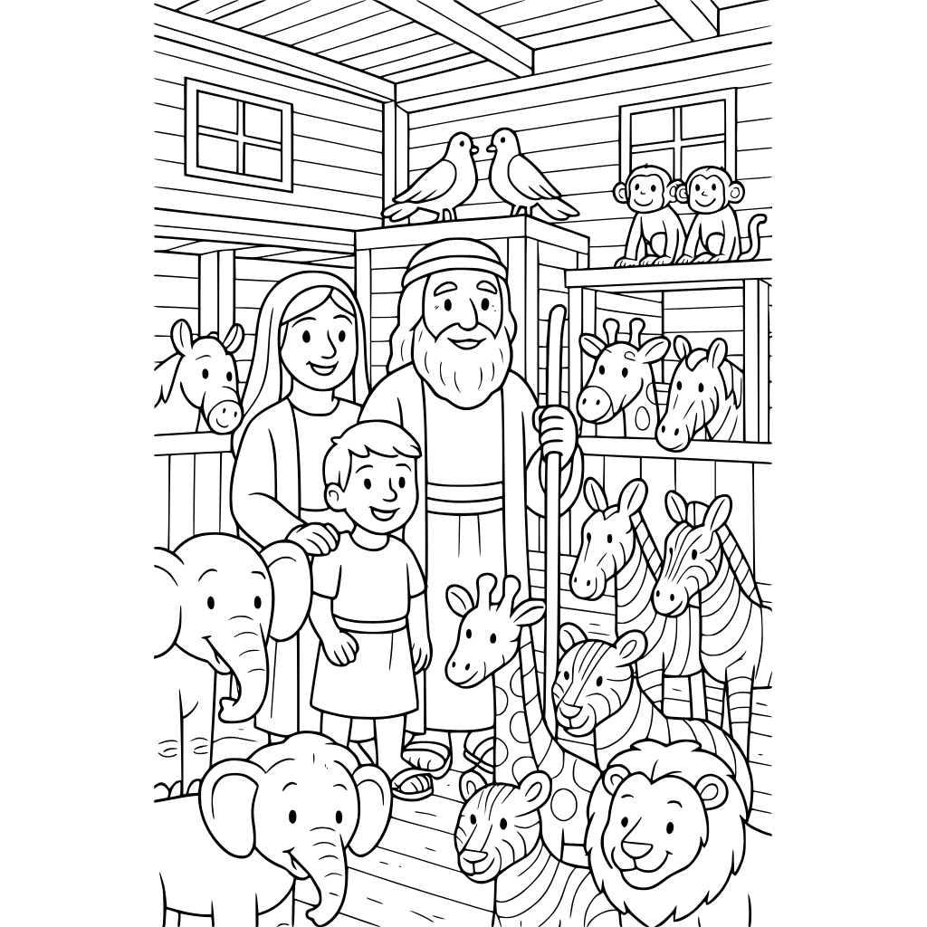 Black-and-white children's coloring book illustration of Noah and his family sta