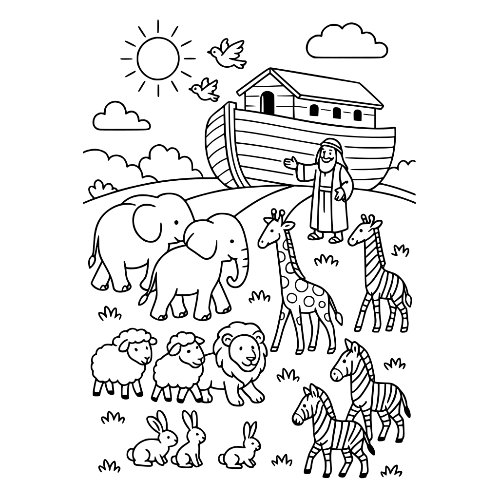 Black-and-white children's coloring book illustration of pairs of animals walkin
