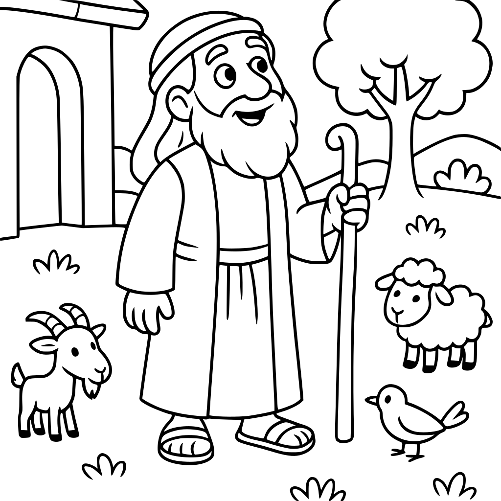 Black-and-white children's coloring book detail illustration of Noah standing ou