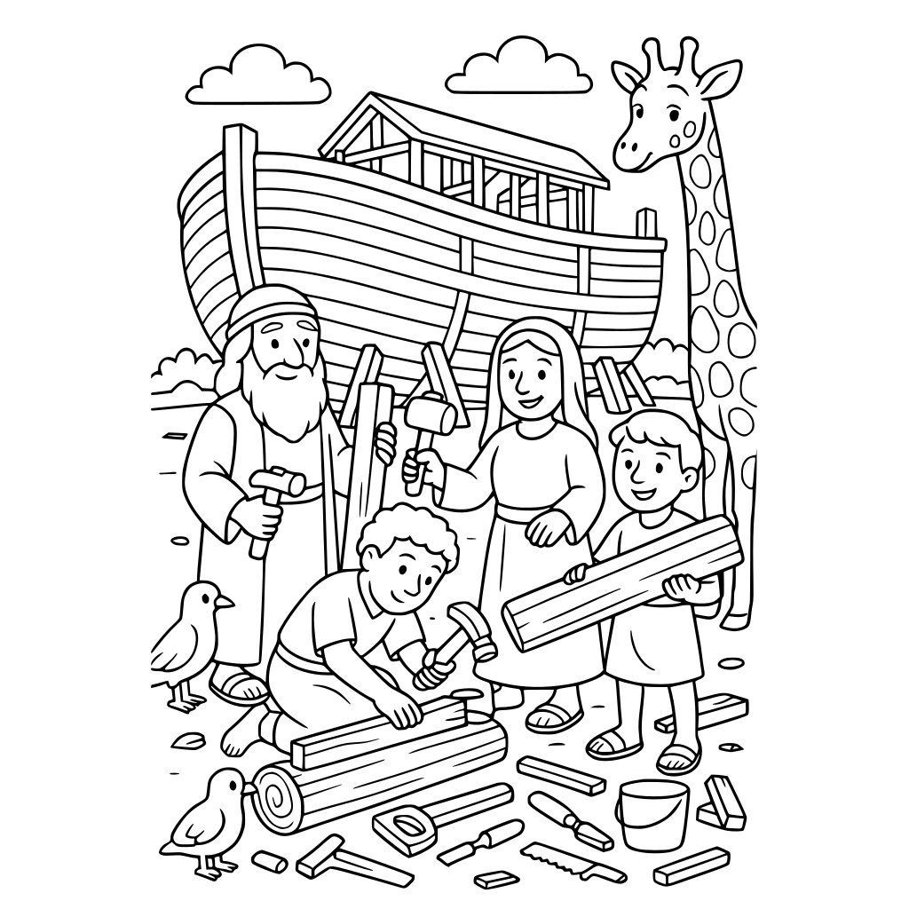 Black-and-white children's coloring book illustration of Noah and his family bui