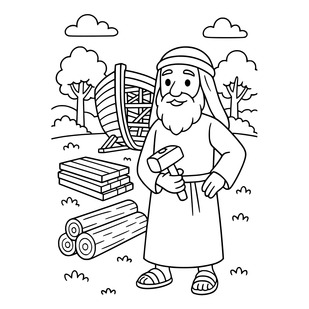 Black-and-white children's coloring book illustration of Noah beginning to build