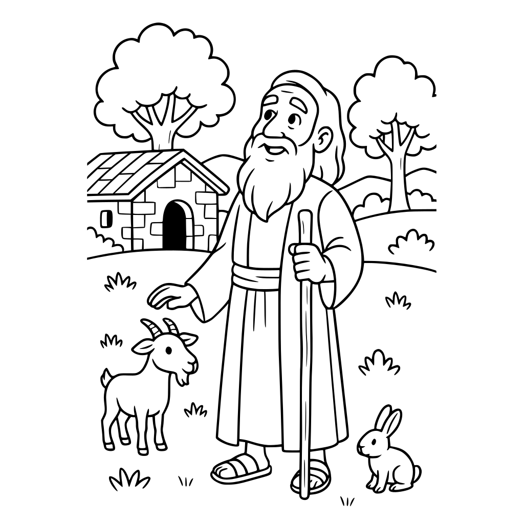 Black-and-white children's coloring book detail illustration of Noah standing ou
