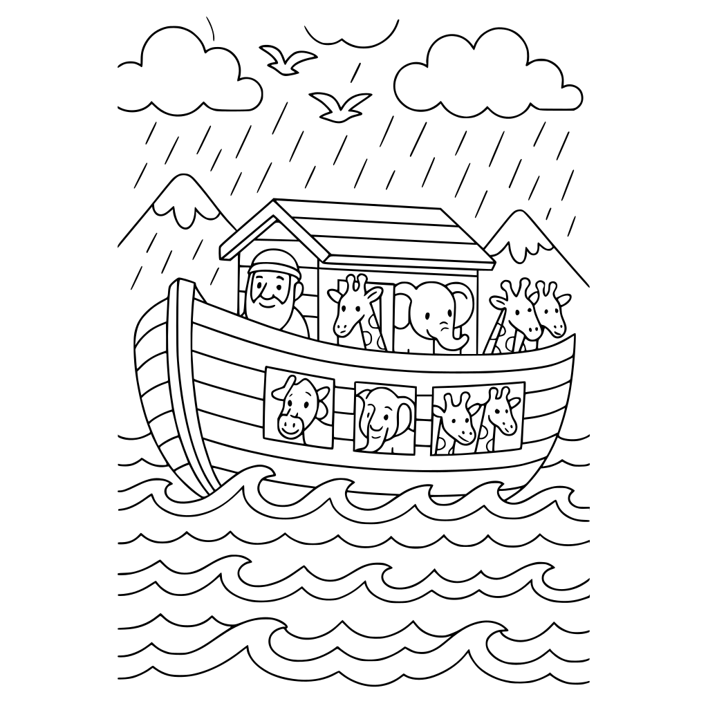 Black-and-white children's coloring book illustration of the enormous wooden ark