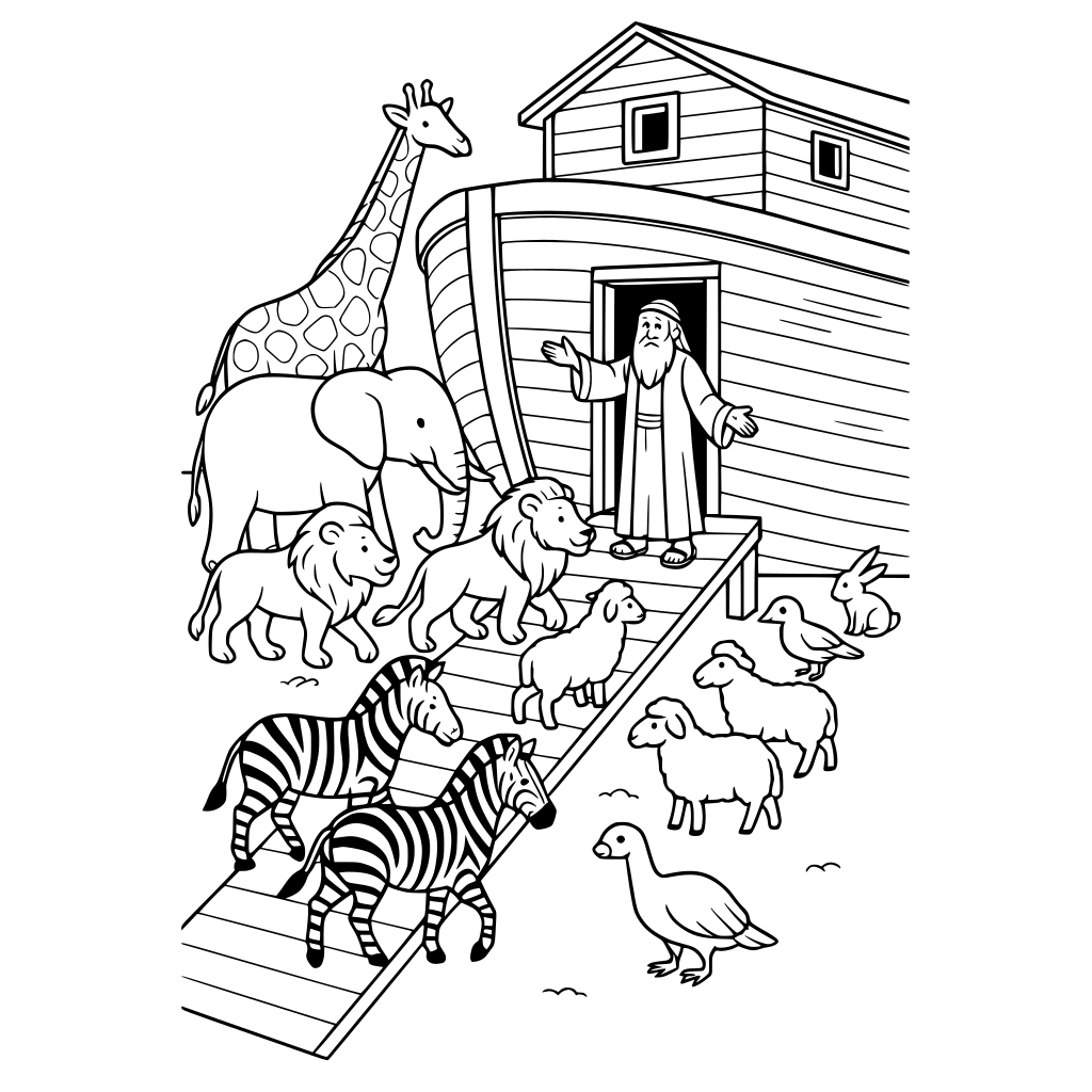 Black-and-white children's coloring book illustration of Noah standing at the en