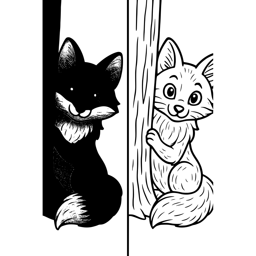 Generate an image with a colored illustration of 'a curious fox peeking out from
