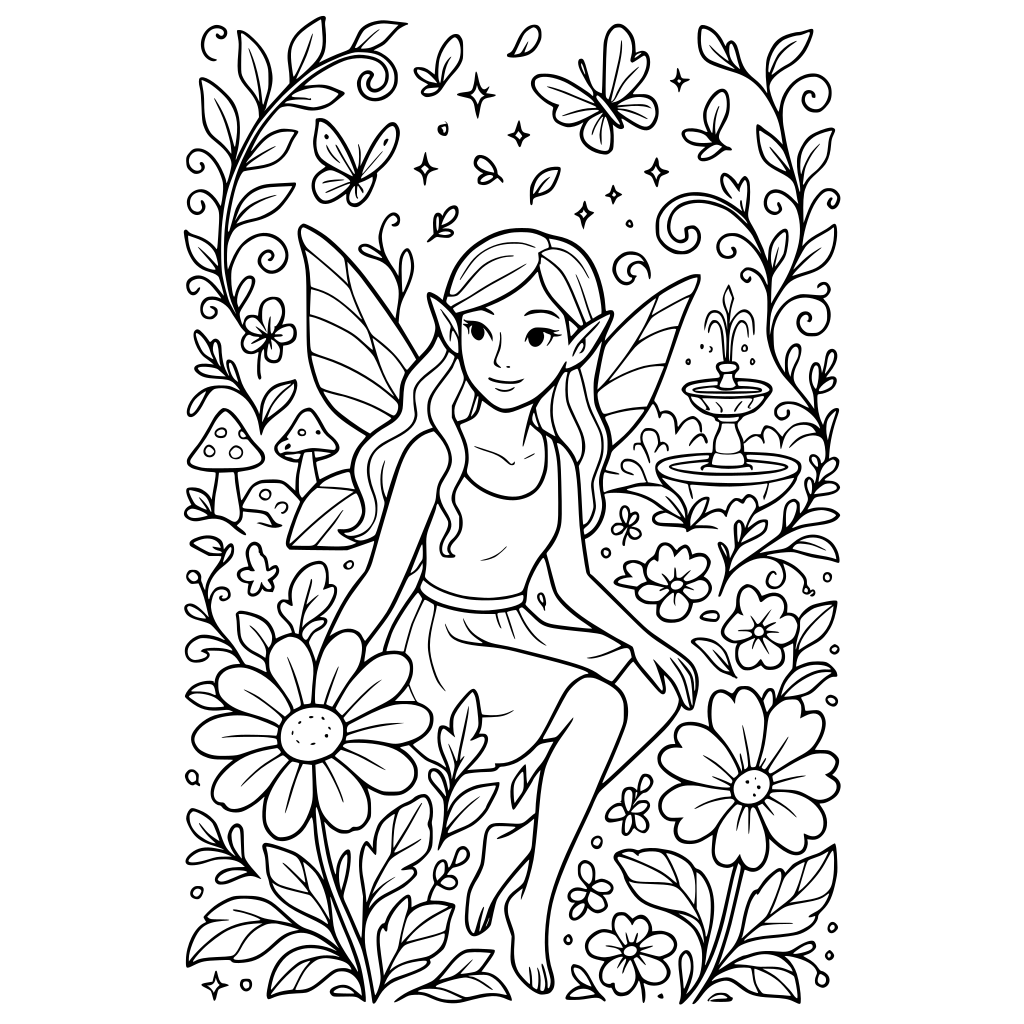 Garden A beautiful little fairy sitting among enormous flowers in an enchanted g