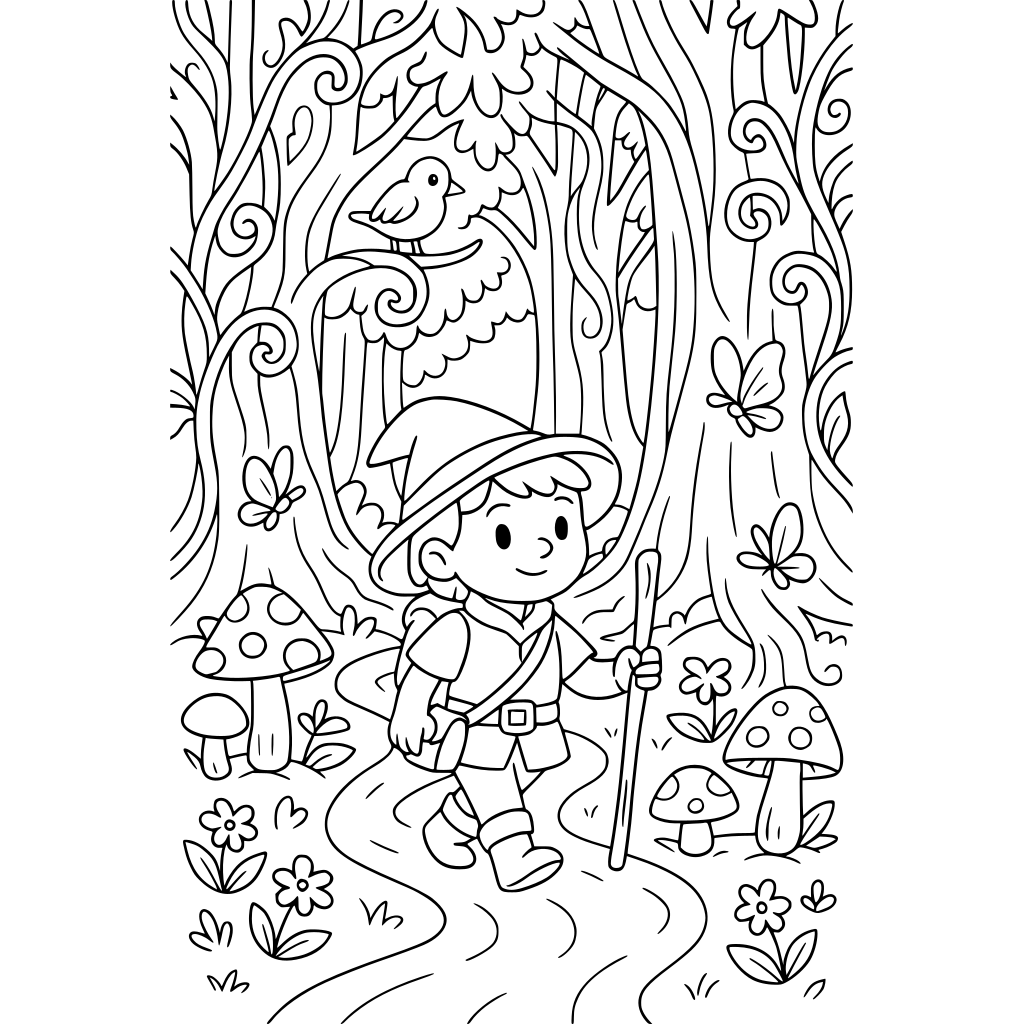 ⸻ PAGE 01 — The Enchanted Forest A cute young fantasy explorer walking through a