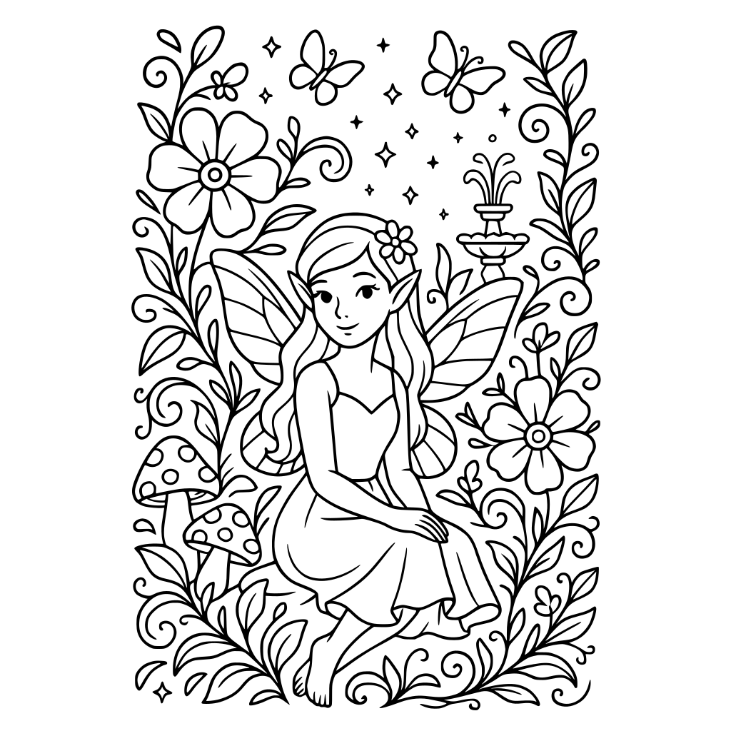 ⸻ PAGE 04 — Fairy Garden A beautiful little fairy sitting among enormous flowers