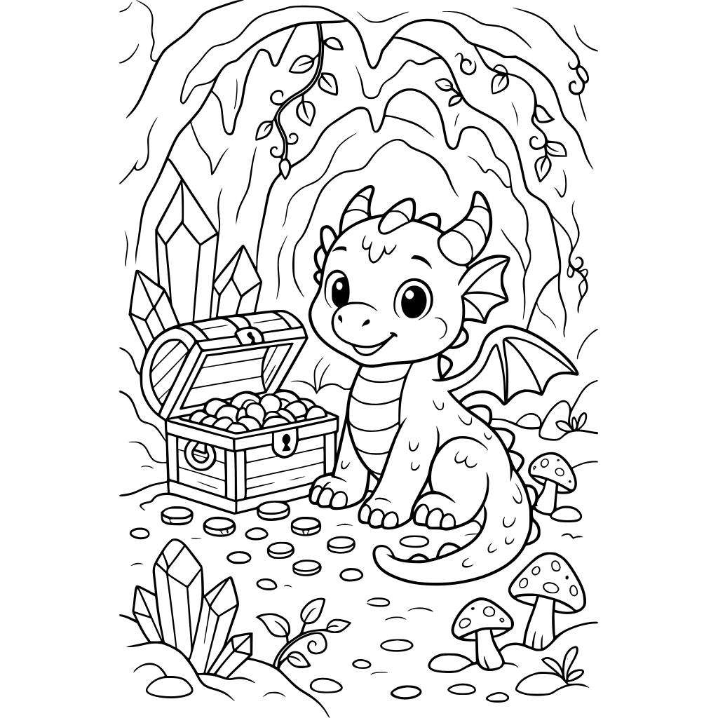 ⸻ PAGE 03 — Baby Dragon An adorable baby dragon sitting beside an open treasure 