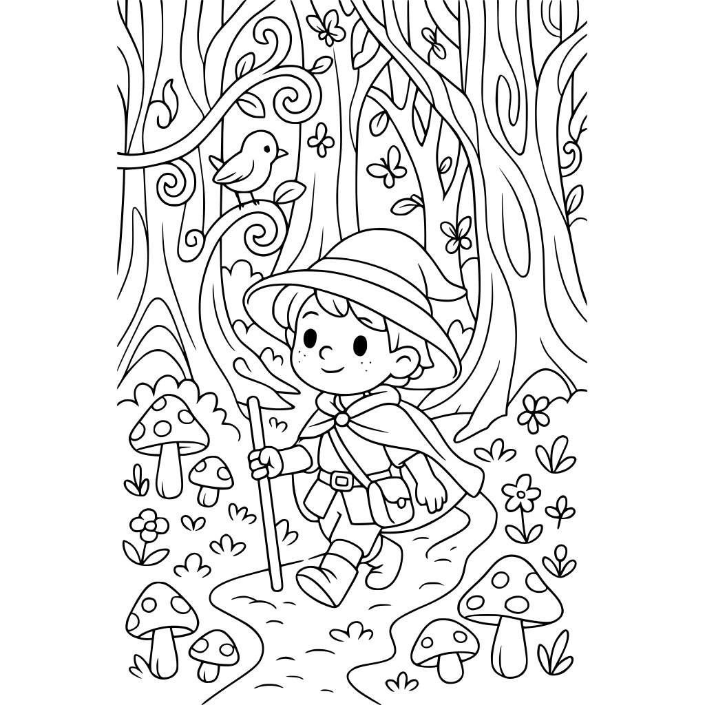 A cute young fantasy explorer walking through an enchanted forest filled with en