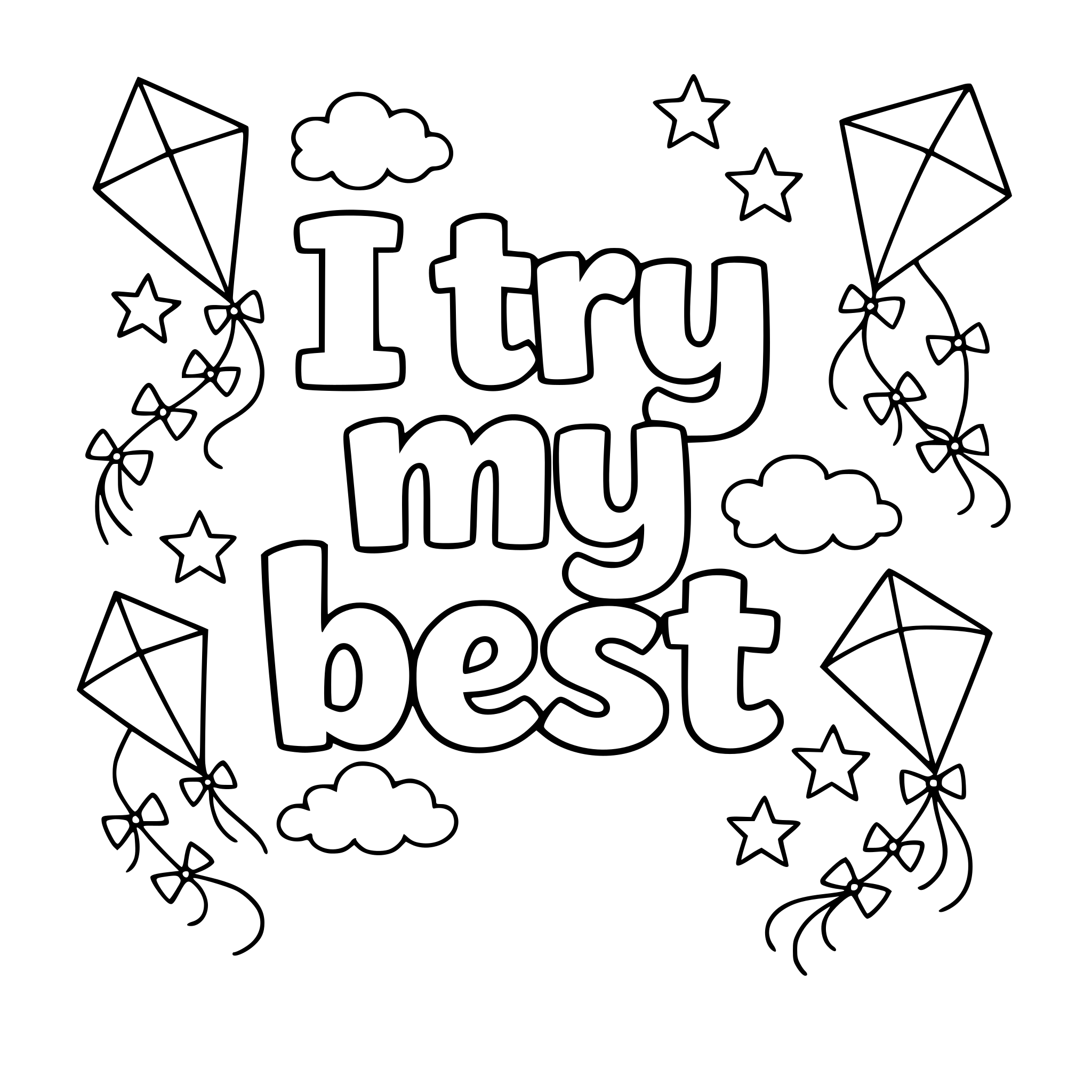 "I try my best" coloring letters with kites around the letters.