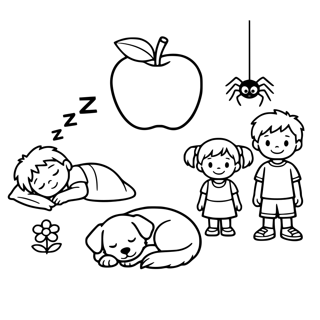 apple dog boy girl spider sleep long small short