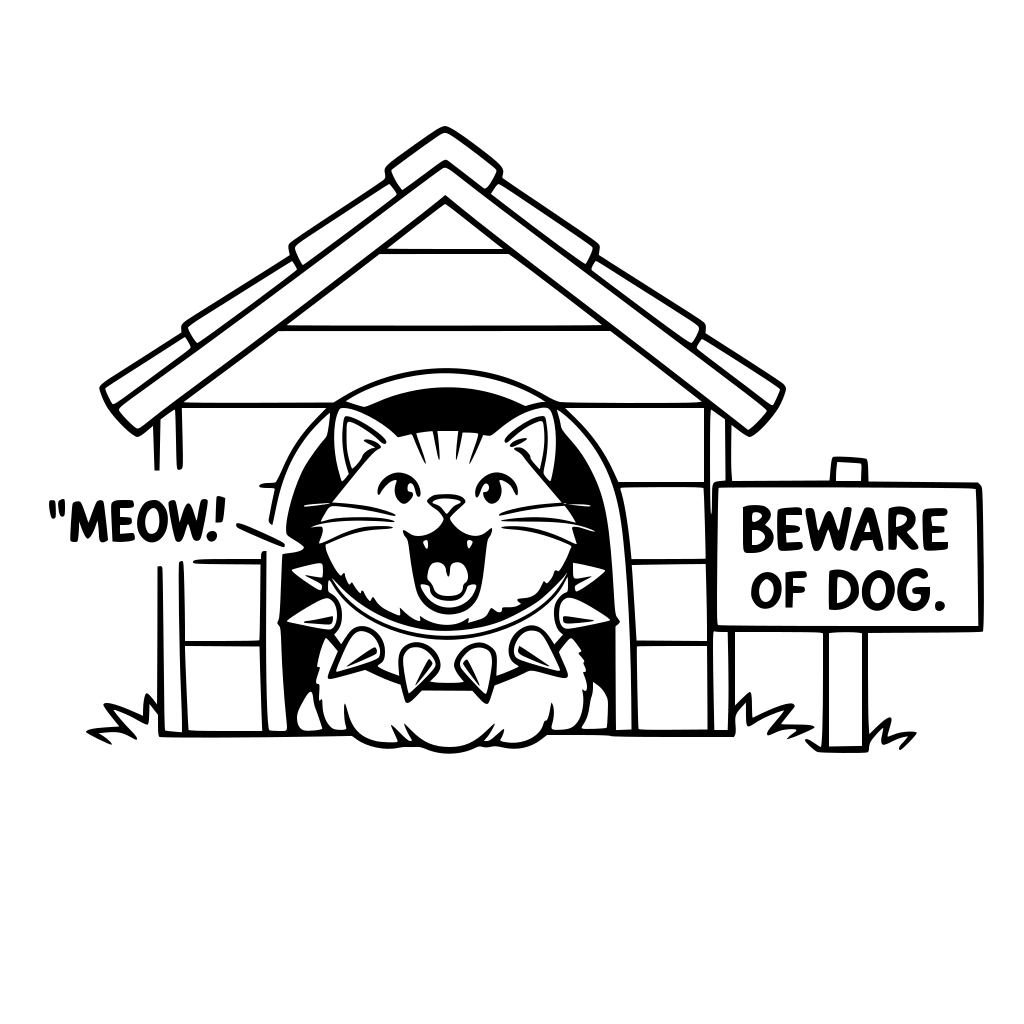 Simple dog house. Cat inside the dog house opening. Oversized spiked collar. Mouth open like barking. “MEOW.” near mouth. Sign next to dog house: “BEWARE OF DOG.” Simple drawing