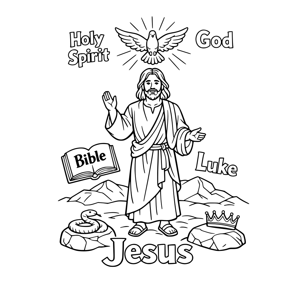 based on Luke 4:1-13 include these words in the picture: Bible, Jesus, Luke, Holy Spirit, God