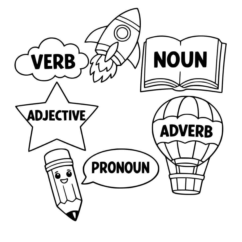A picture for students aged 10 - 13, where they would have to color in sections based on types of words.