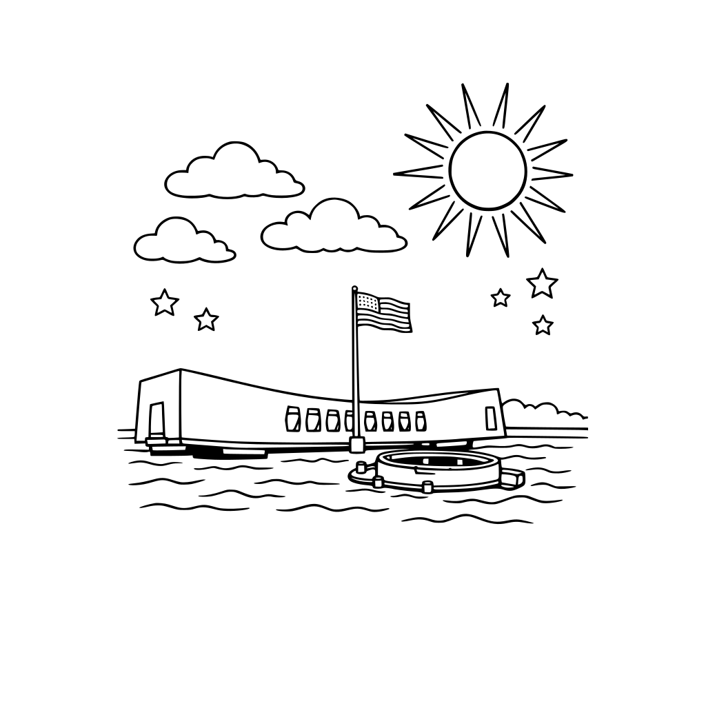 USS Arizona Memorial with clouds and sun in the sky. No words.