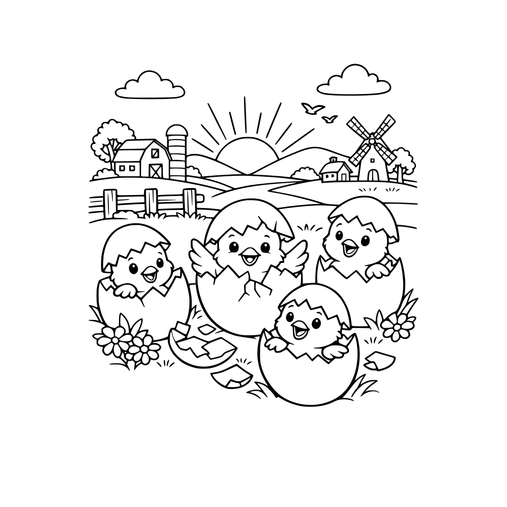 kolorowanka Wielkanocna z małymi kurczaczkami, wykluwającymi się z jajek na tle pejzażu wiejskiego.