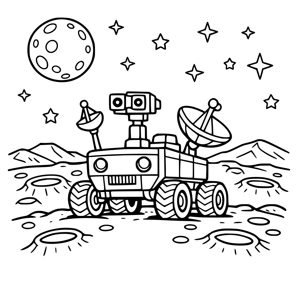 space rover rolling across the moon with craters and stars.