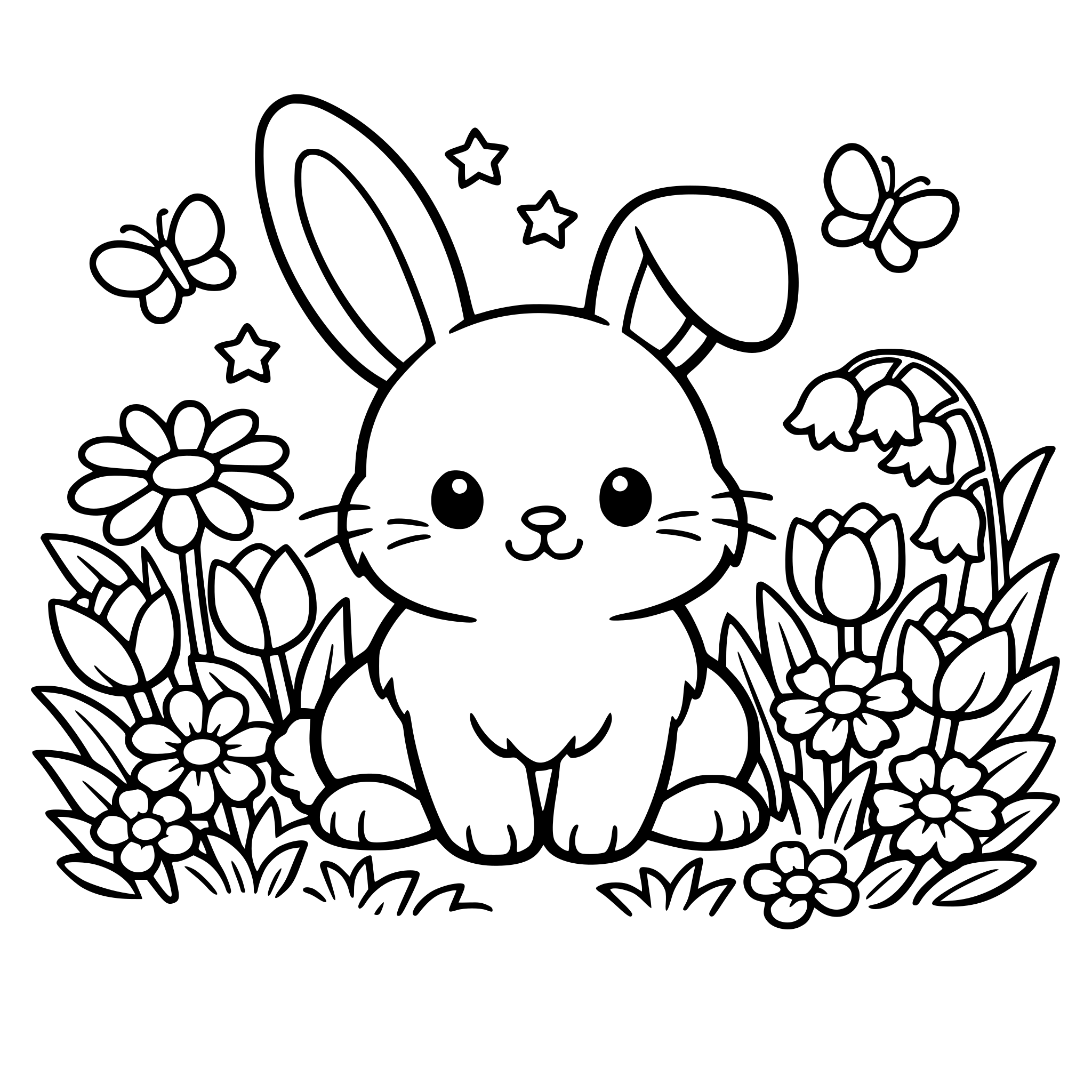 a bunny sitting in the grass surrounded by flowers