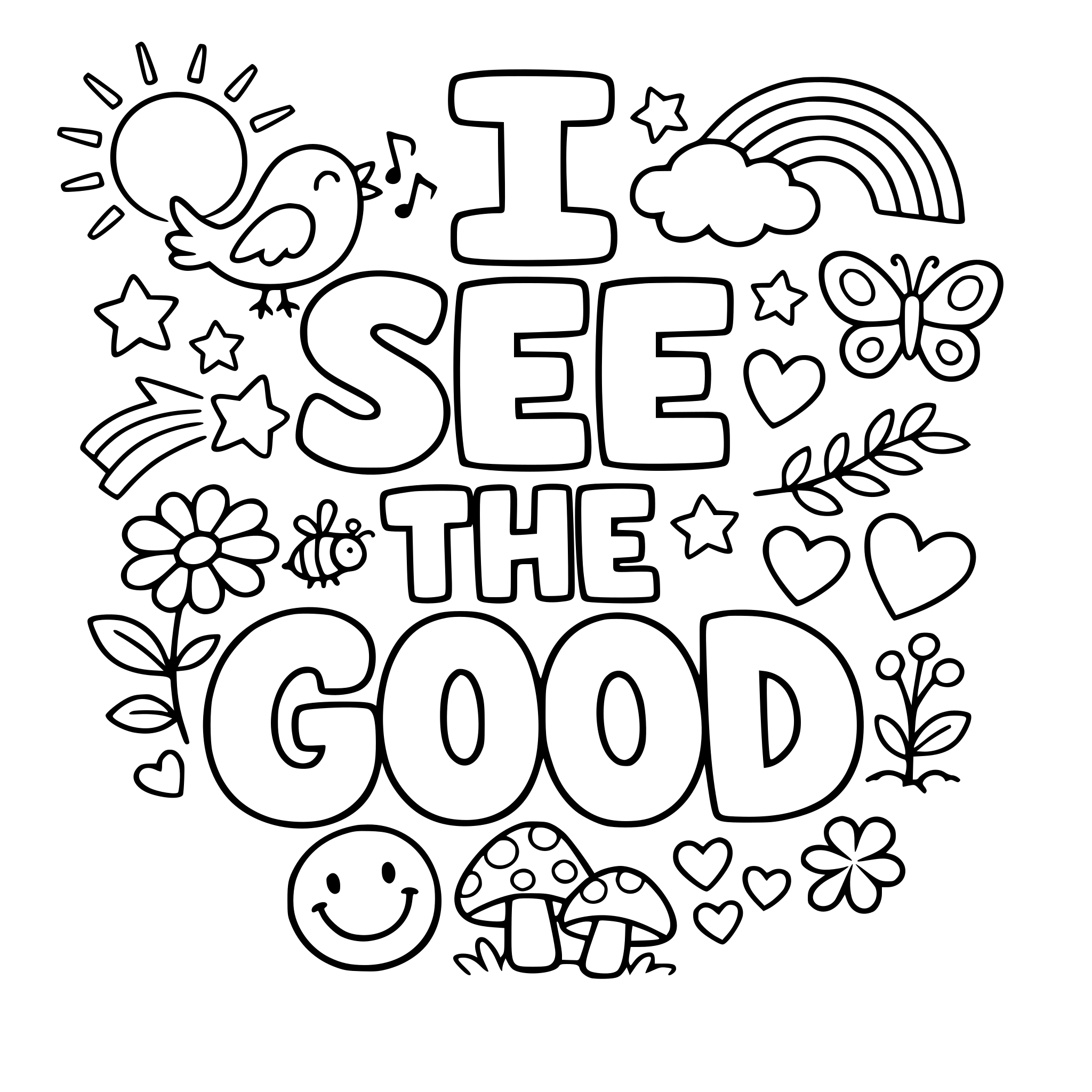 "I see the good" coloring letters with items around the letters that work with the lettering.