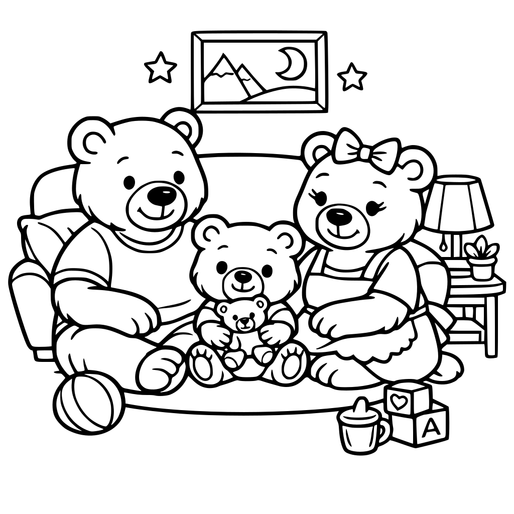 bear Family – mommy, daddy & baby in a soft home a like scene