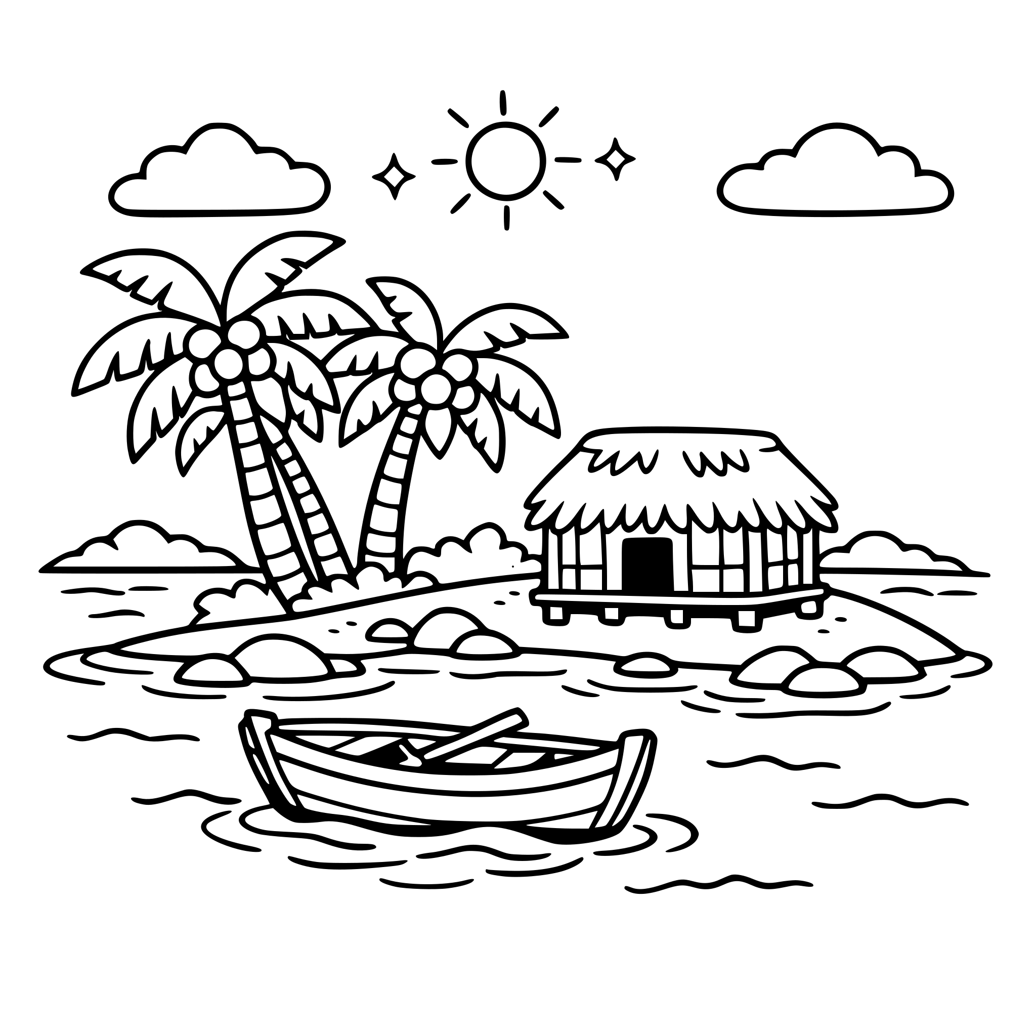 Cute cozy simple Lakshadweep Island lagoon scene with clear water, small boat, coconut trees, and hut.