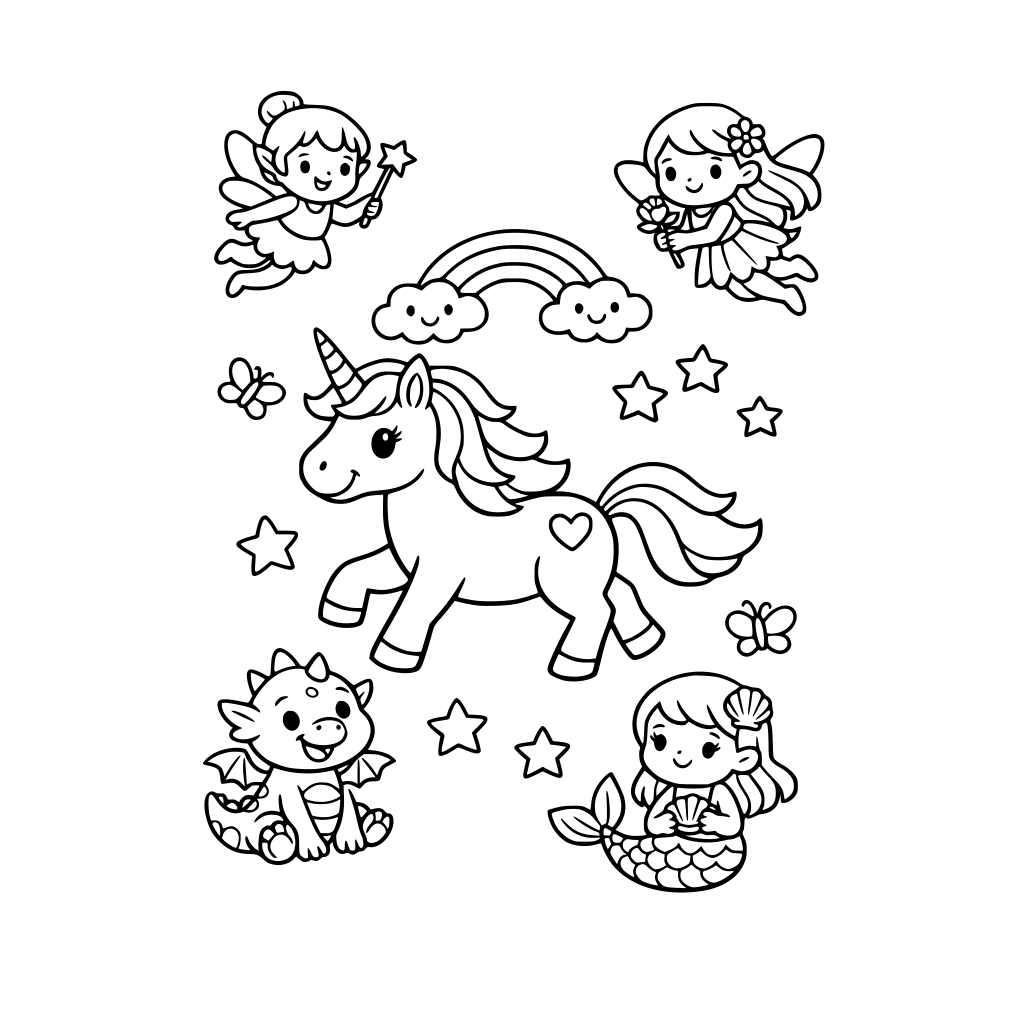 magical creatures coloring book for kids unicorns, fairies, etc - should be approachable and fun