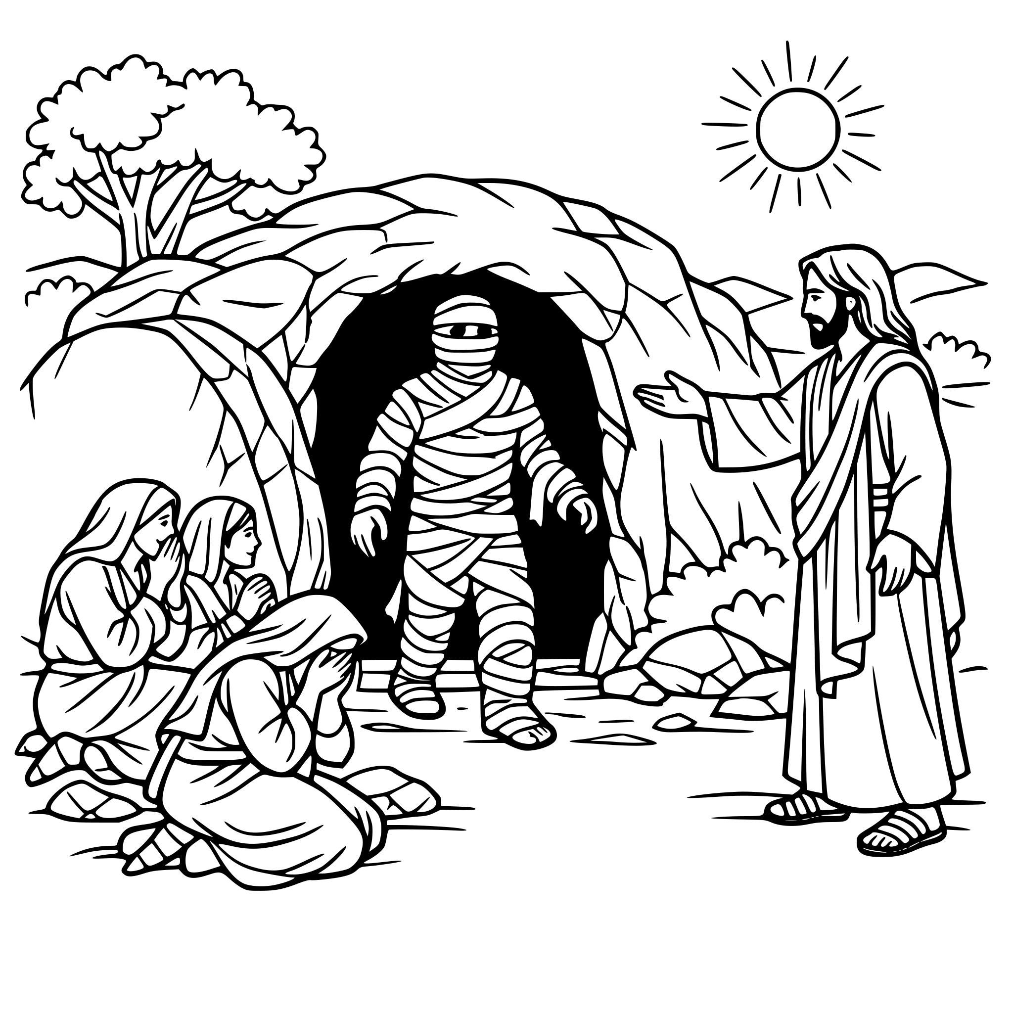 make a picture of lazarus coming out of a cave like tomb, wrapped in grave clothes. Have Jesus standing at the edge of the tomb with his hand out calling to Lazarus, include women who are mourning and landscape elements such as trees, rocks and a sun