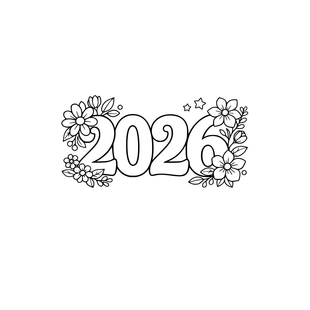 2026 numbers decorated with simple floral elements, clean black and white coloring book style, bold outlines, flowers, white background