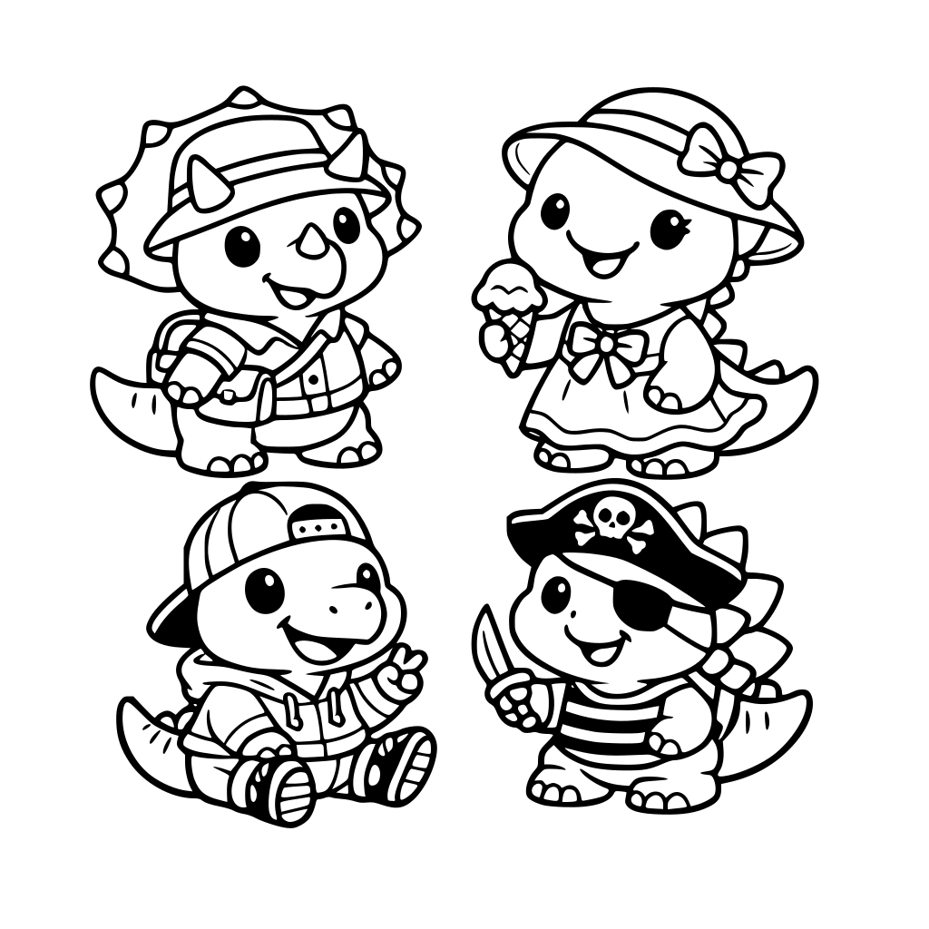 des petits dinosaures mignons avec des habits et des chapeaux