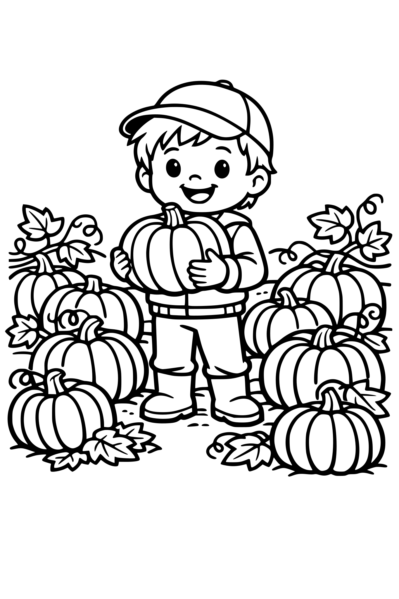 cute kids coloring page, happy child standing in a pumpkin patch, holding a pumpkin, many pumpkins on the ground, leaves and vines around, simple shapes, thick outlines, black and white coloring page