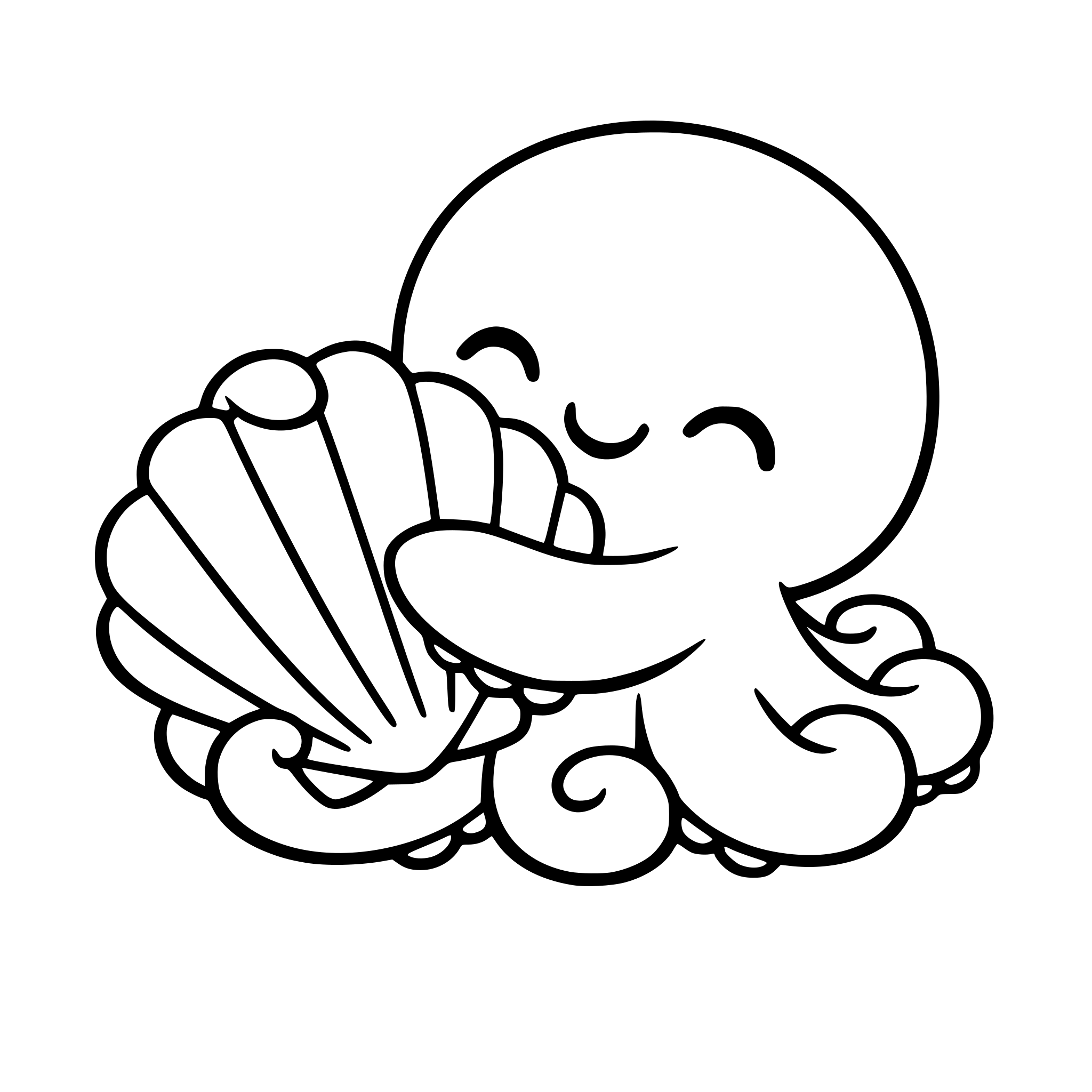 A cute octopus hugging a seashell, happy face, rounded tentacles