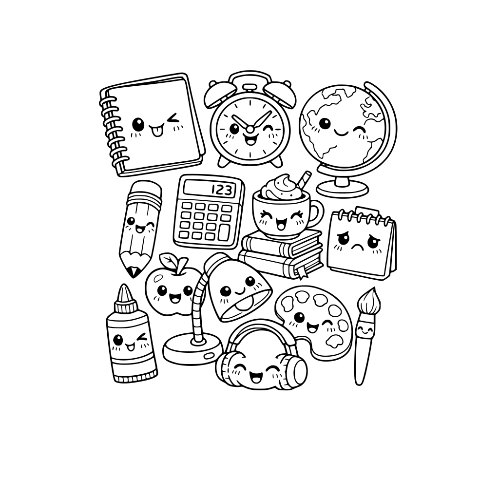 kawaii study room items. each item has a cute kawaii facial expression. do not repeat items. do not repeat facial expressions.