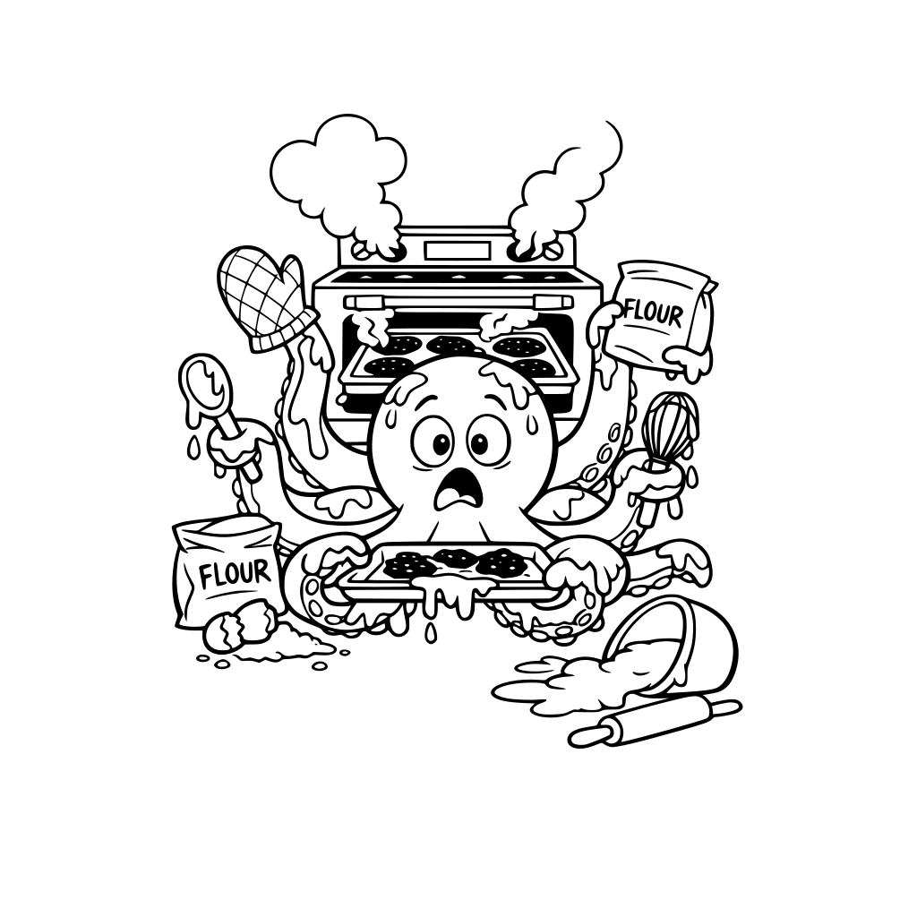 A funny octopus who tried baking and now has batter on every tentacle and smoke coming from the oven.
