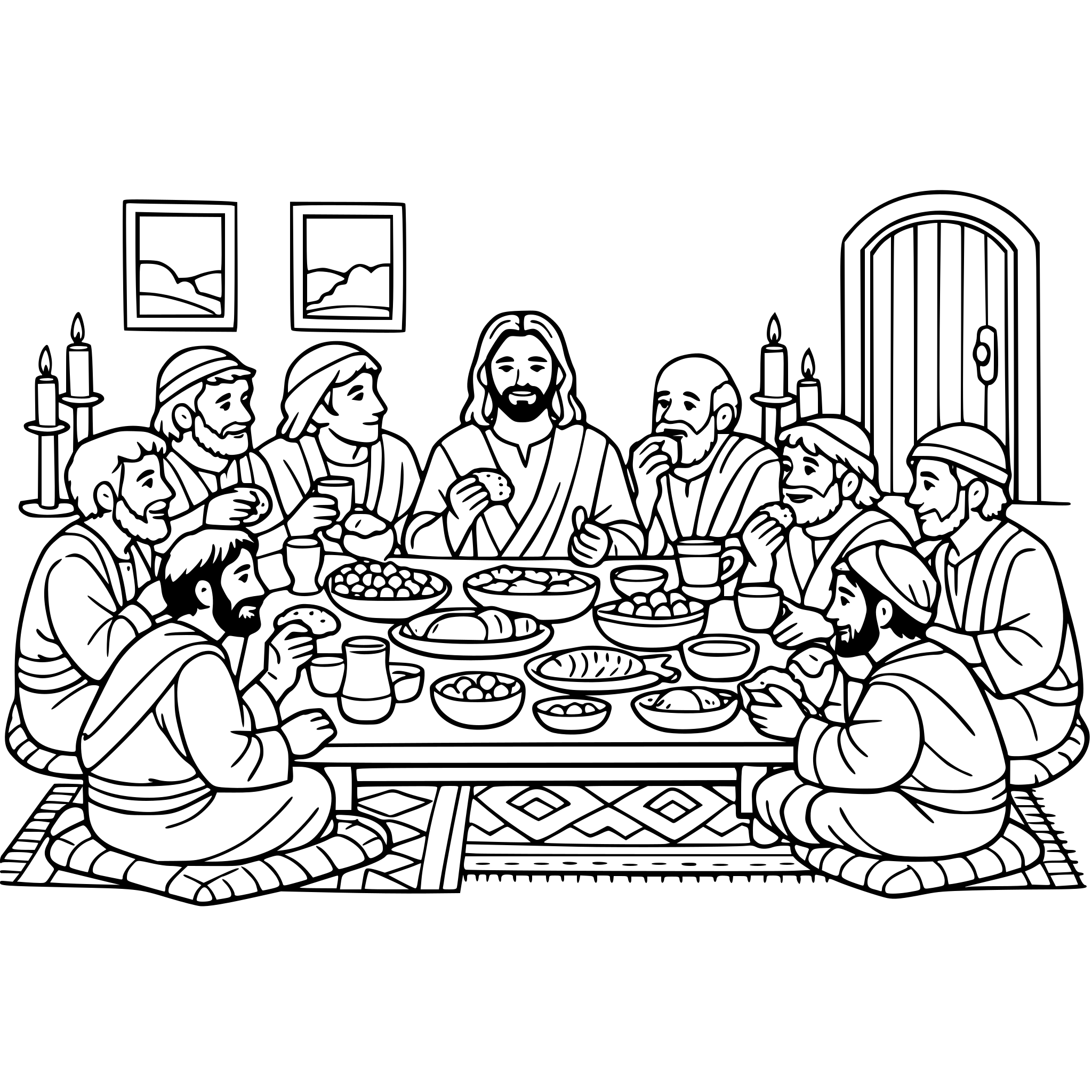 Jesus sitting at a low table full of food surrounded by his disciples eating, make it in a private room with windows and rugs on the floor include a door on one wall and candles