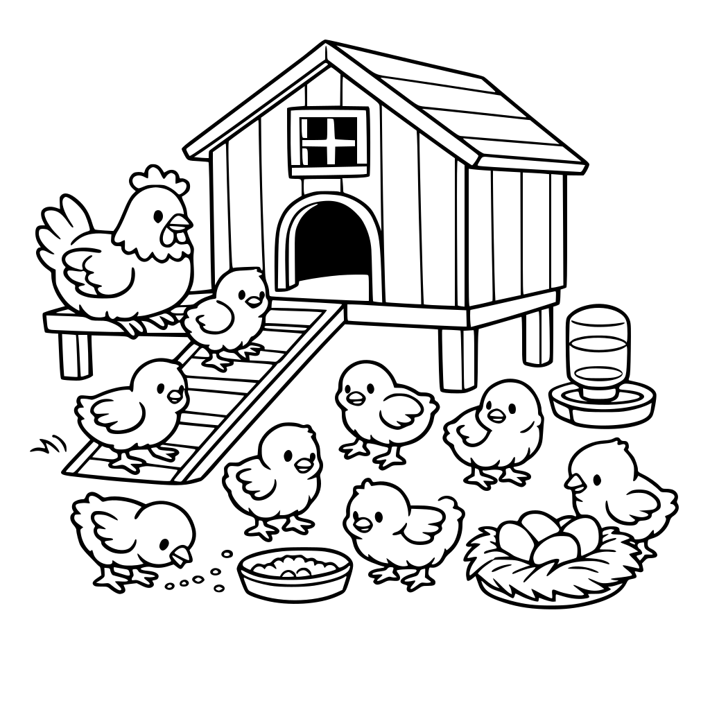 un poulailler avec des poussins