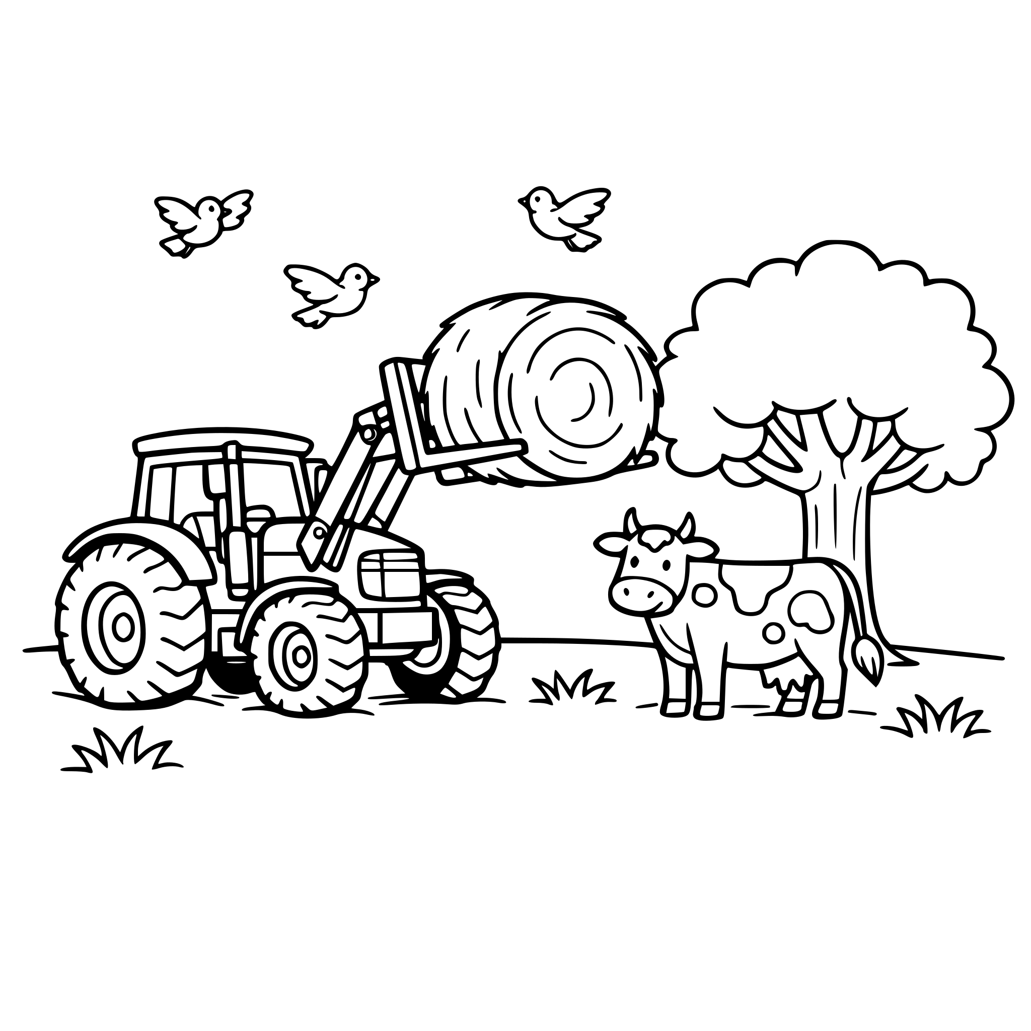 Trattore che solleva una balla di fieno. In un campo. Una mucca, un albero e degli uccellini fanno da contorno