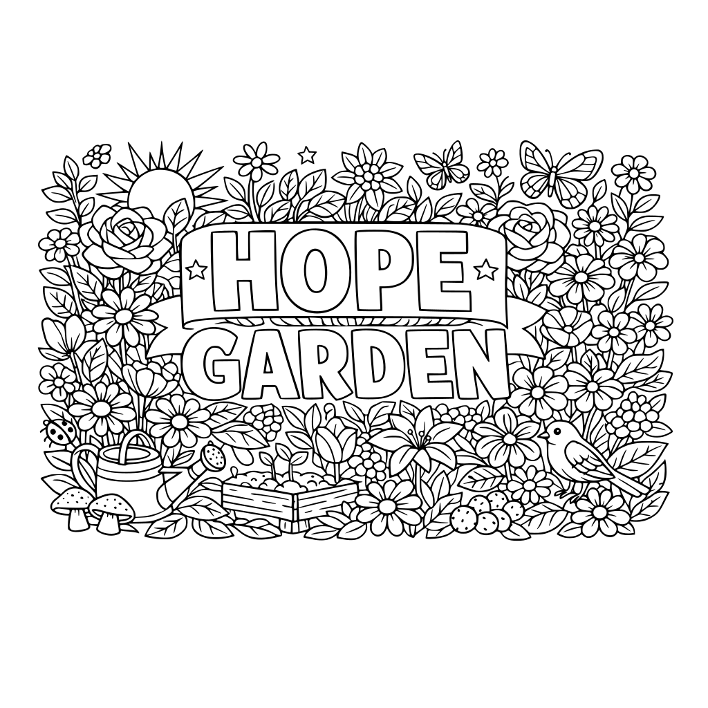 A banner with the words HOPE GARDEN empty, surrounded by detailed allover floral garden imagery