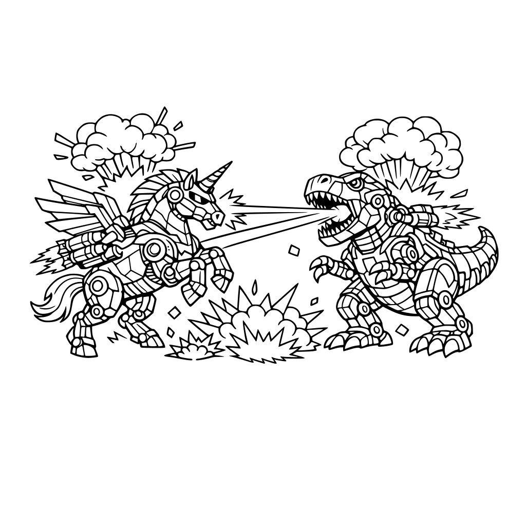 robtic unicorn fighting a trex with explosions and lazers