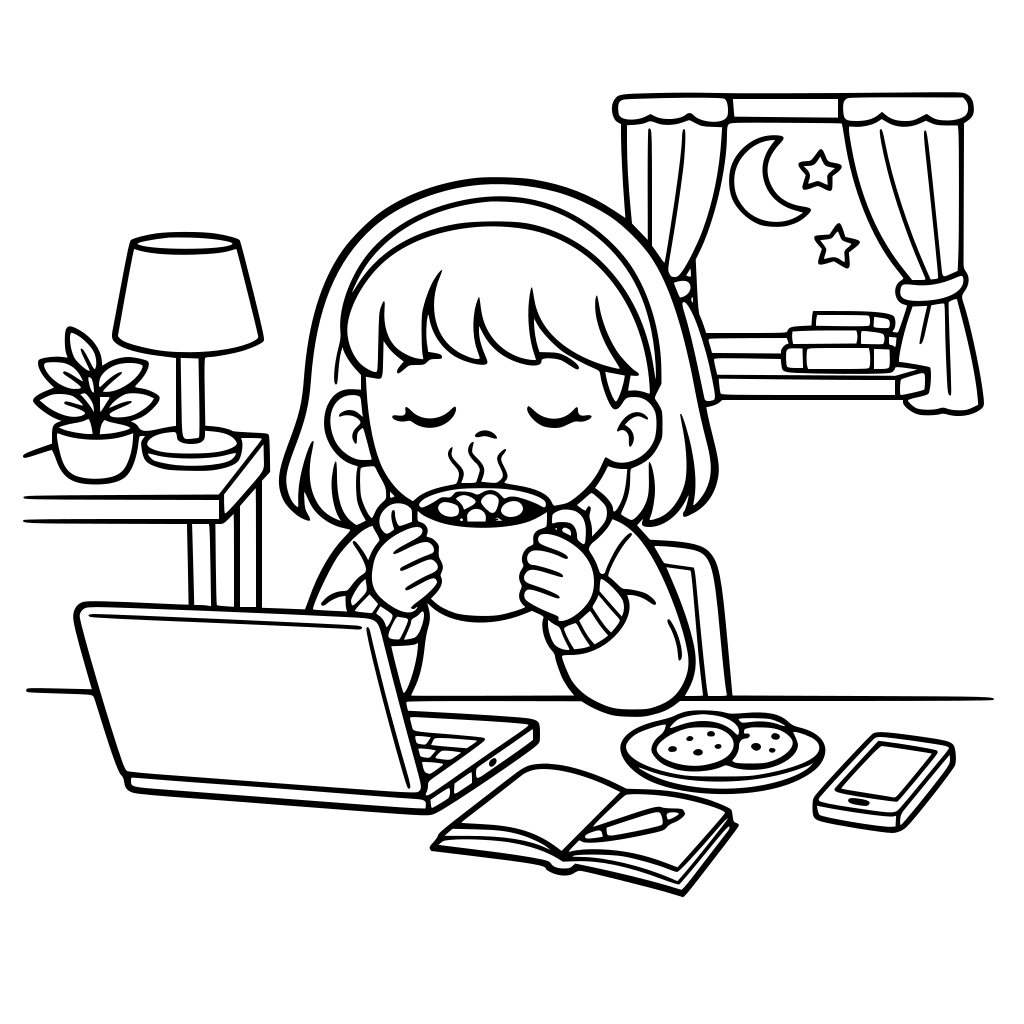 5+a girl enjoying her hot chocolate while doing some work on her laptop in a cozy beautiful room