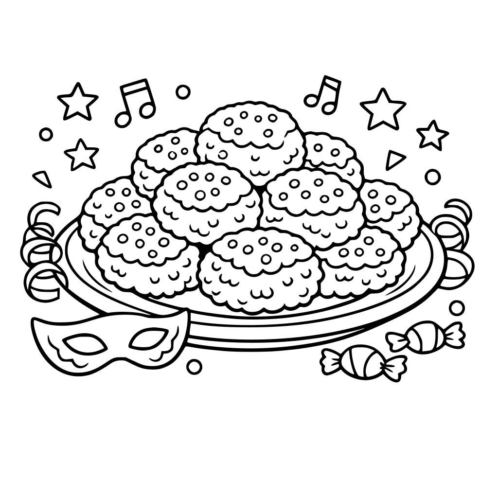 crea un disegno da colorare con un piatto di frittelle di carnevale. sfondo bianco.