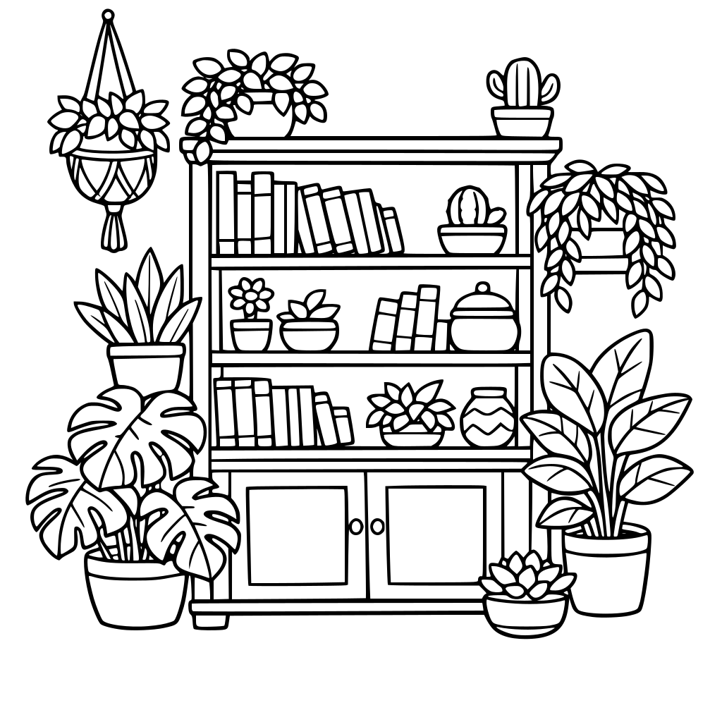 plants around a bookshelf
