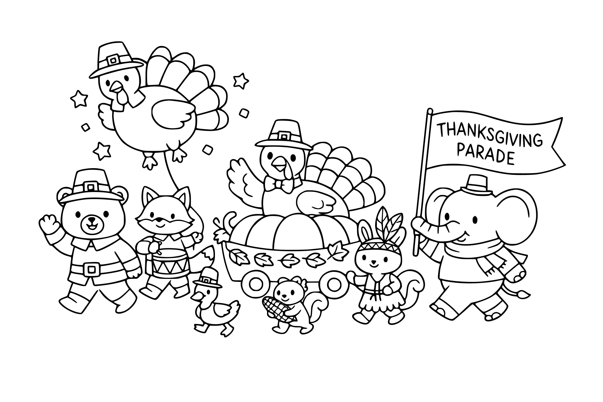 Thanksgiving parade with animals, minimalistic line.